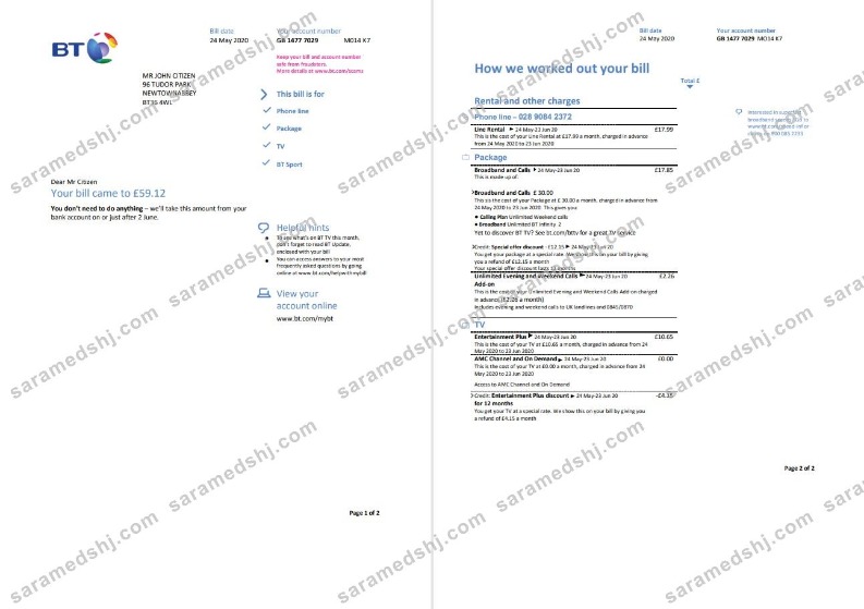 United Kingdom BT utility bill template in Word and PDF format, 2 pages